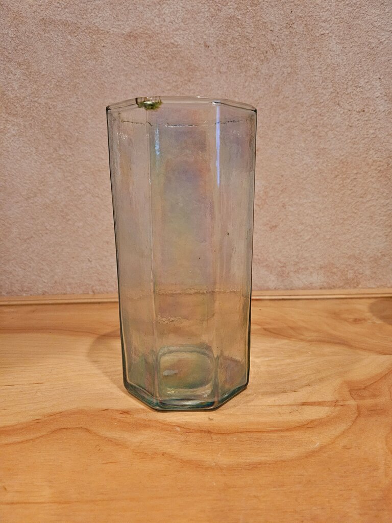 Vintage Iridescent Art Deco Revival Clear Glass Tall Vase, Hexagonal Design candle holder, Shell / rock Display