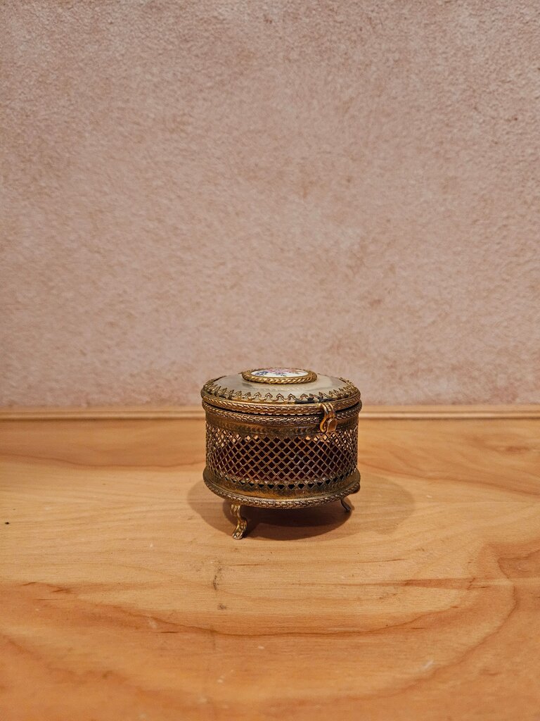 Gold Tone Jewelry Trinket Box Hinged Lid Courting Scene Mirror Vintage