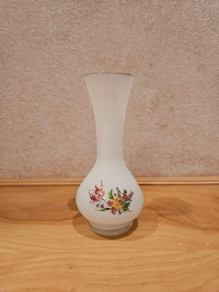 Vintage - White Fine Glass Vase - Hand Painted