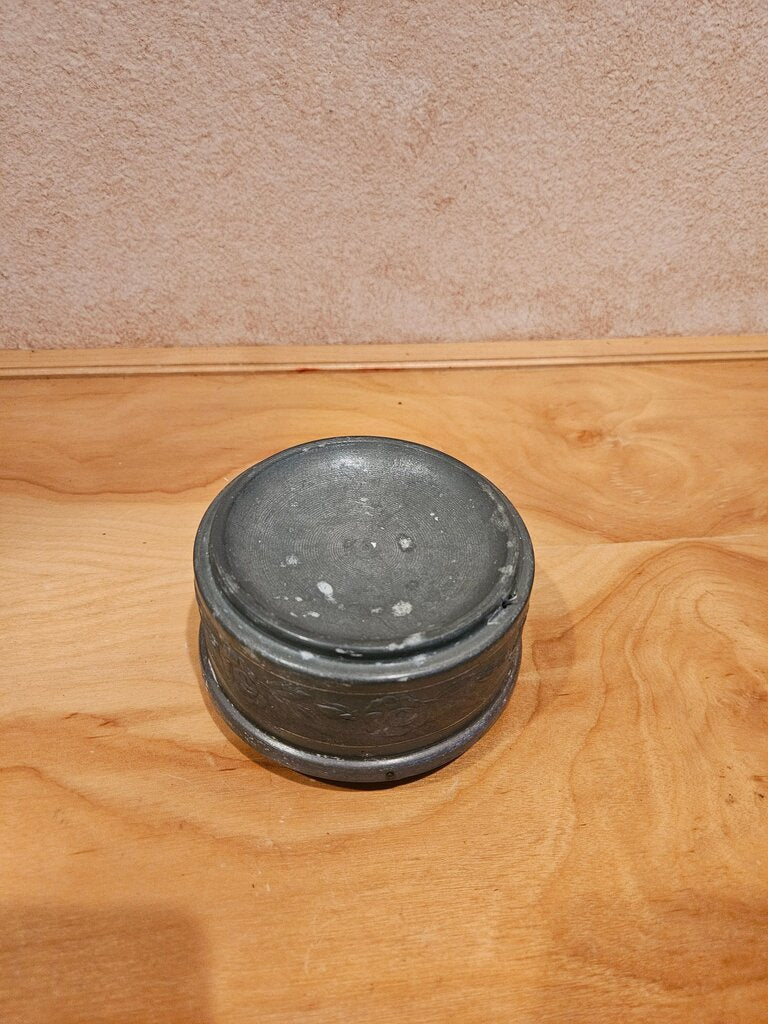 Vintage Powder Puff, embossed flower, footed, Metal Round Vanity