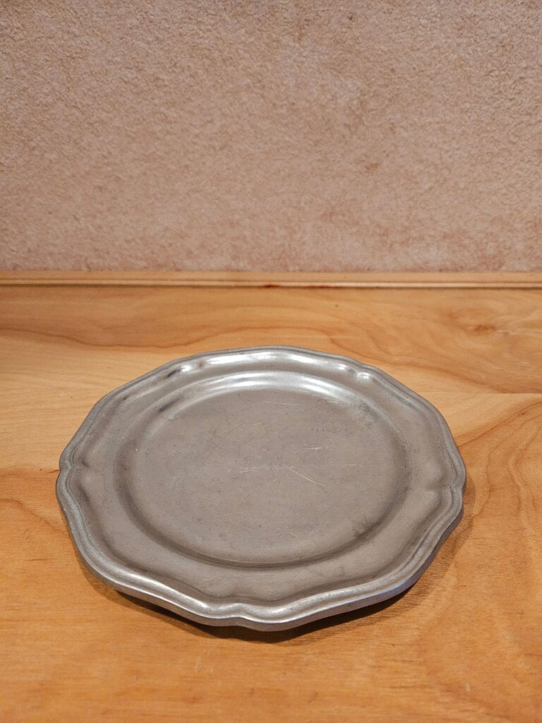 Vintage Pewter Bread Plate, Vintage Small Tray or Dish Drinks, Food Styling, Photography Prop, Patina Scalloped Edge Silver