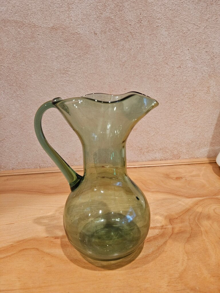 Vintage Hand Blown Seeded Glass Green Pitcher barware