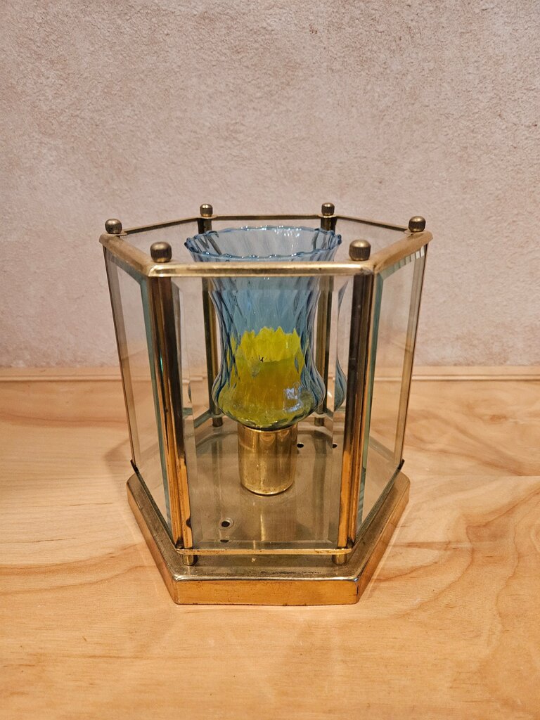 Vintage 6 Sided Beveled Glass & Brass Taper Candle Holder