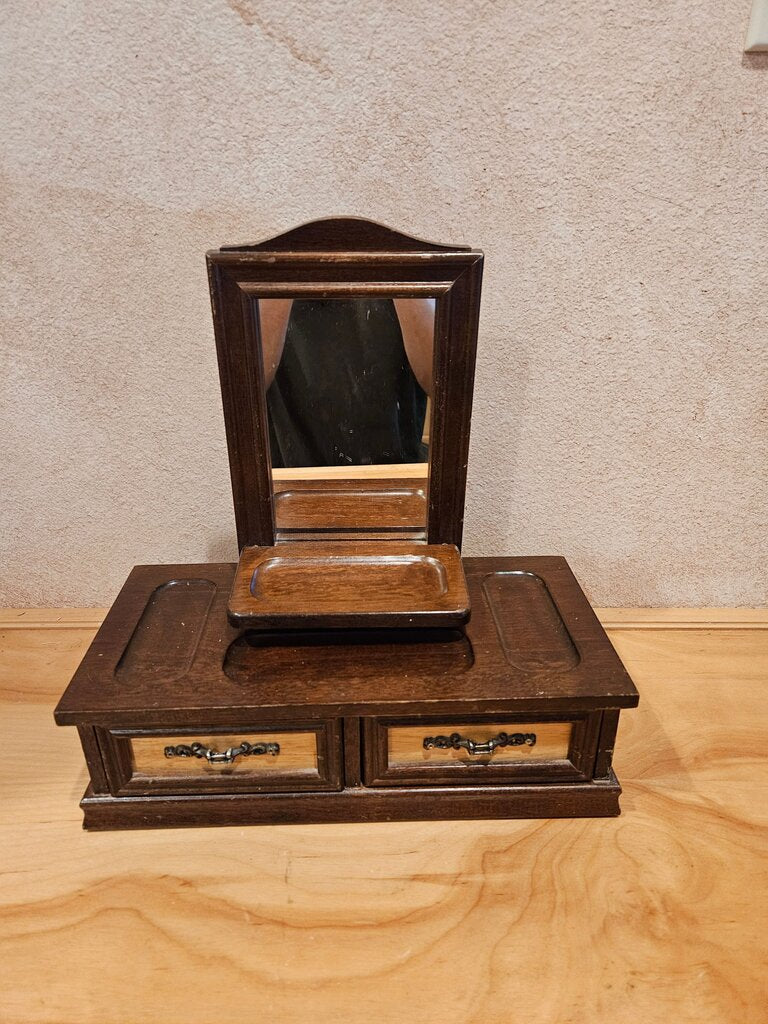 Rare Vintage Wooden Tabletop Vanity Drawers w valet tray, spin Mirror turns into clip board! WOW
