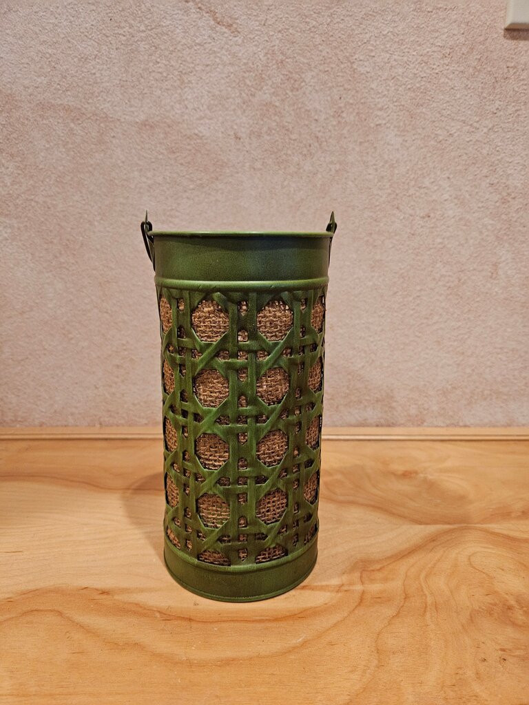 Filigree Green Decorative Metal Bucket/dry flower vase/holder with Jute Accents
