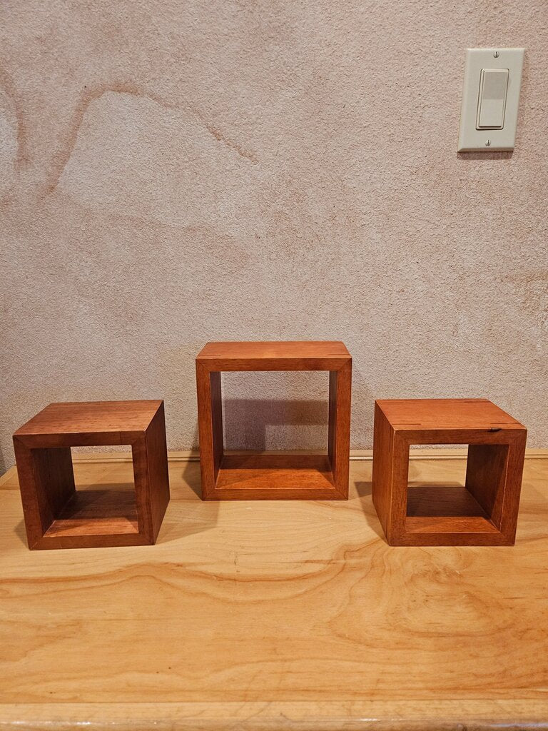 Set of 3 Square Wood Shelves Or Frames, Medium Wood Finish, Wall Mount Or Shelf