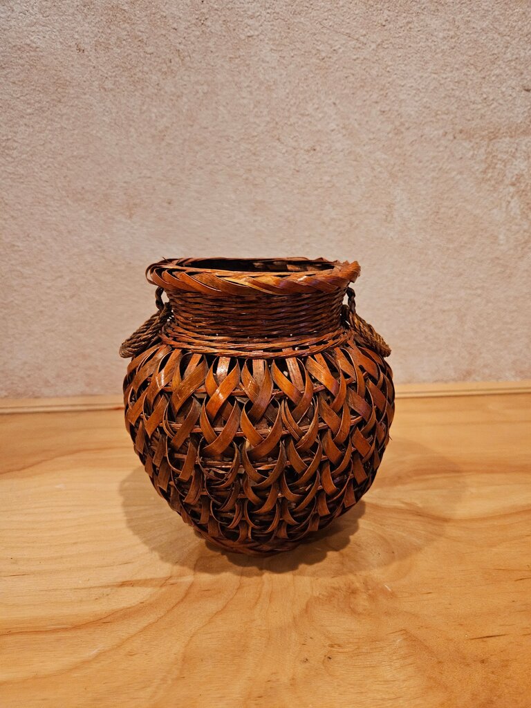 Antique Japanese Woven Split Bamboo Ikebana Basket Bowl Ring Vase Jar Meiji