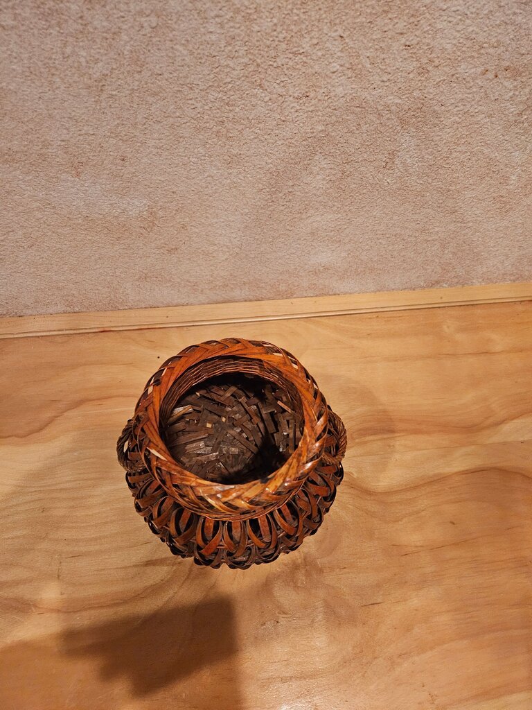 Antique Japanese Woven Split Bamboo Ikebana Basket Bowl Ring Vase Jar Meiji