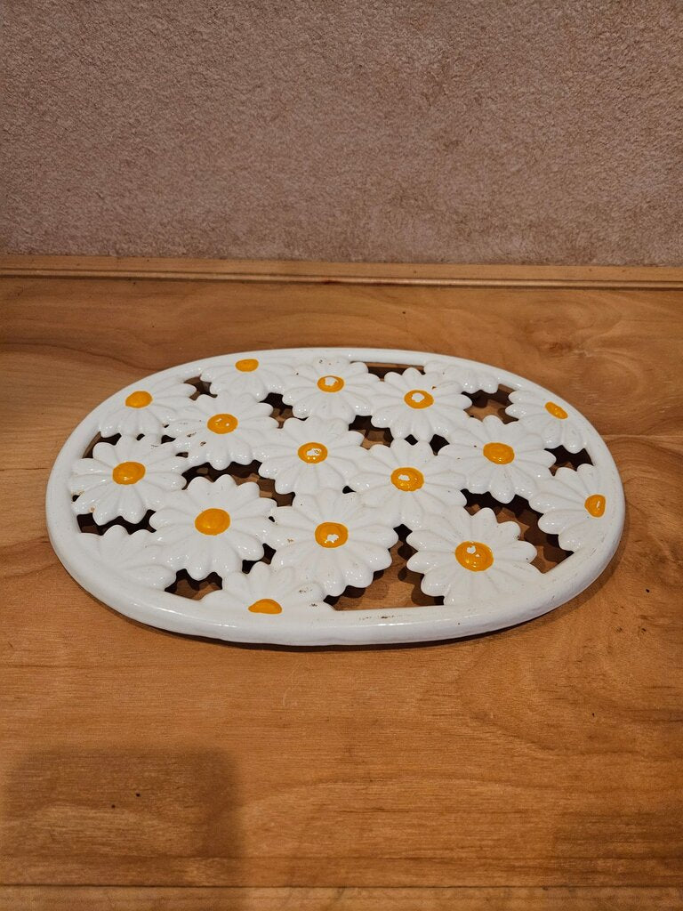 Retro Vintage 11.5” Long Large Cast Iron Trivet Handpainted White with Daisy Flowers/Wall Hanging Flower Power Kitchen Decor ODI Hot Plate