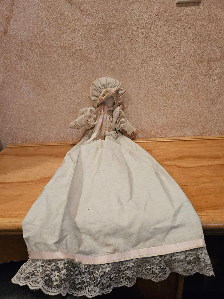 Vintage Primitive kerchief/Rag Doll Cotton Lace Dress with Bonnet