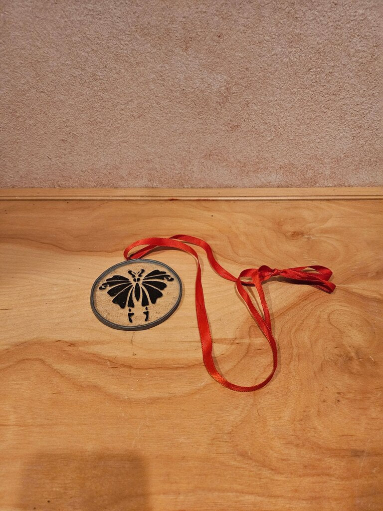 Butterfly Medal ornament with Red Ribbon