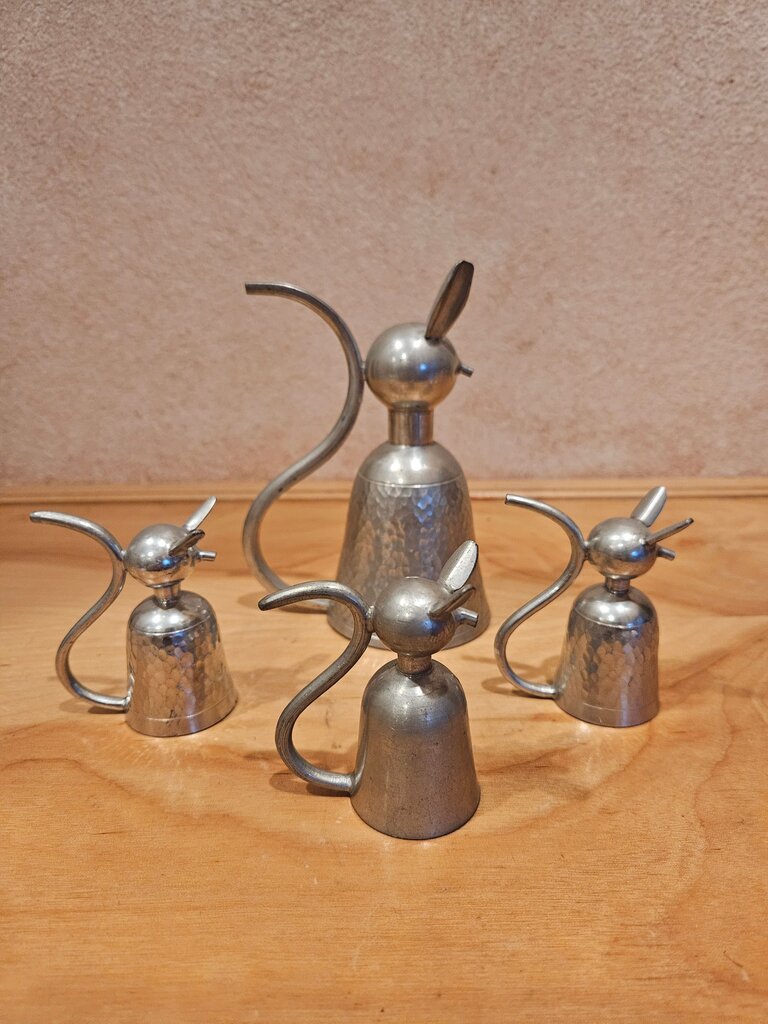 Set of Vintage MCM Silver Pewter Cat Upside Down Shot Glass Cup Set barware amazing
