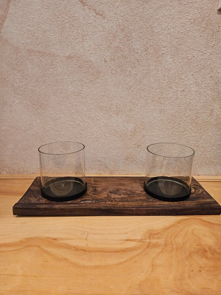 Wooden Whiskey tray with glasses/ Candle Holder with Glass Votives, barware, table decor