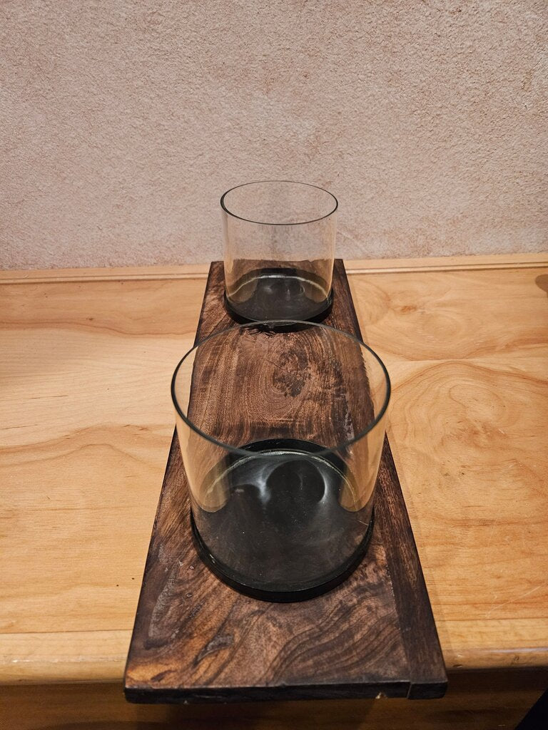 Wooden Whiskey tray with glasses/ Candle Holder with Glass Votives, barware, table decor