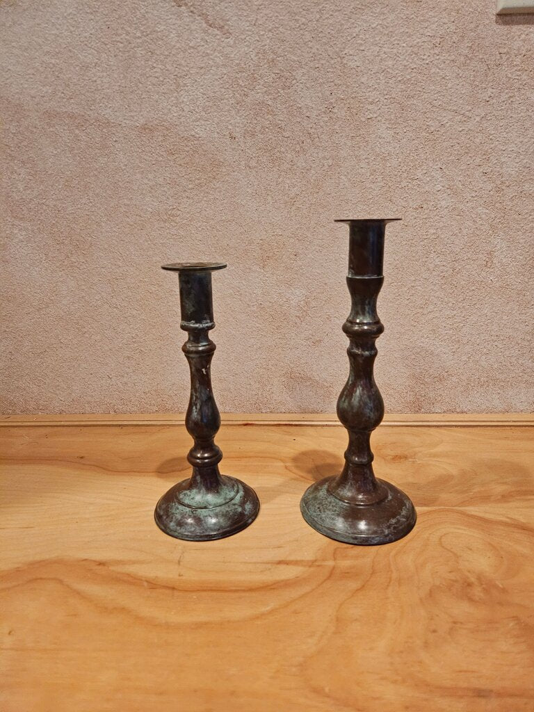 Vintage pair of patina brass etched candlestick holders