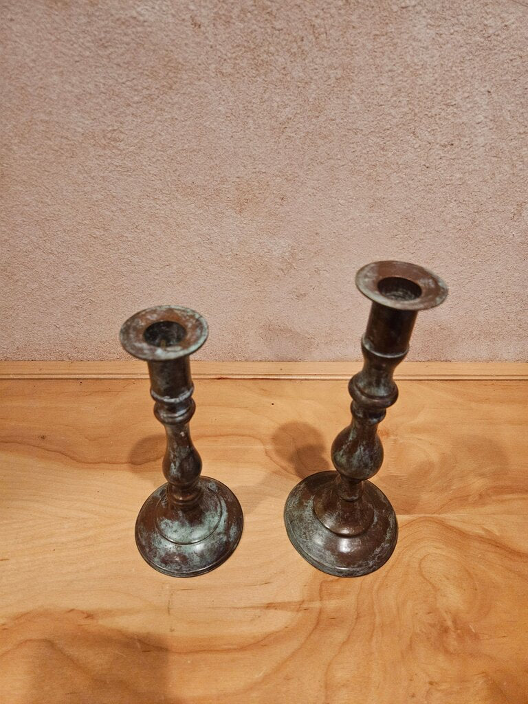 Vintage pair of patina brass etched candlestick holders
