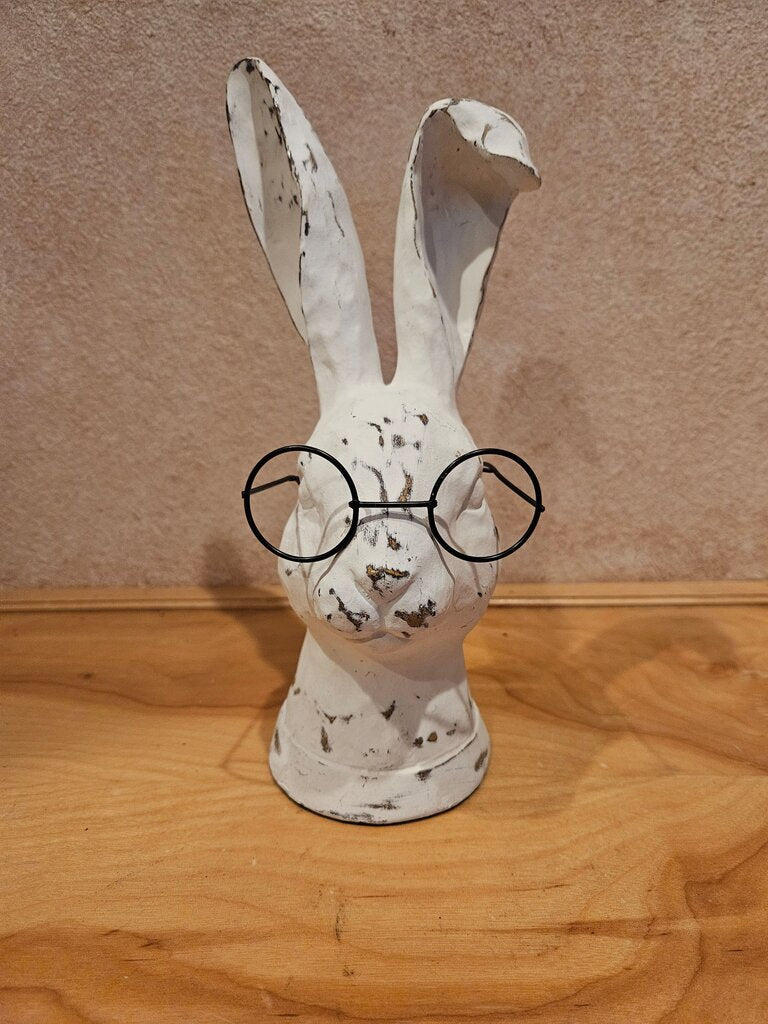 Farmhouse Distressed Easter Bunny Rabbit Head With Glasses Shabby Chic Resin