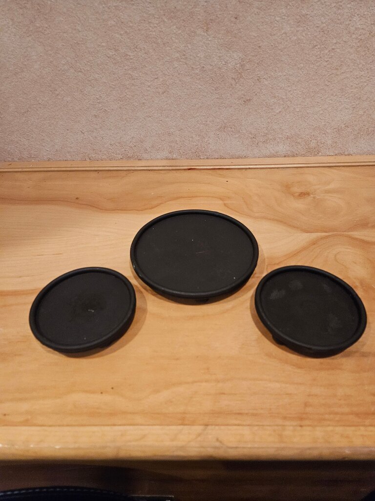 Set of 3 footed Black Plate candle holders/Coasters