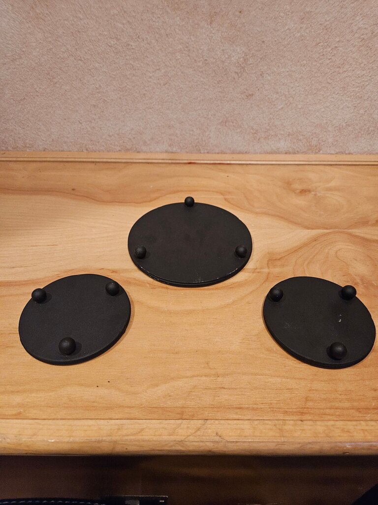 Set of 3 footed Black Plate candle holders/Coasters