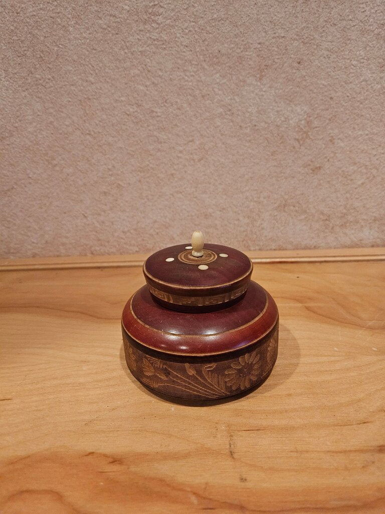 Turned Wood Trinket Box with Sombrero Lid and Reverse Carving Pattern, Burgundy
