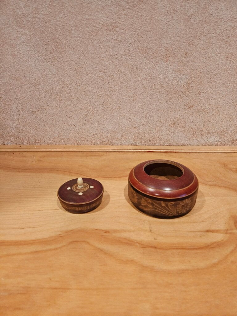 Turned Wood Trinket Box with Sombrero Lid and Reverse Carving Pattern, Burgundy
