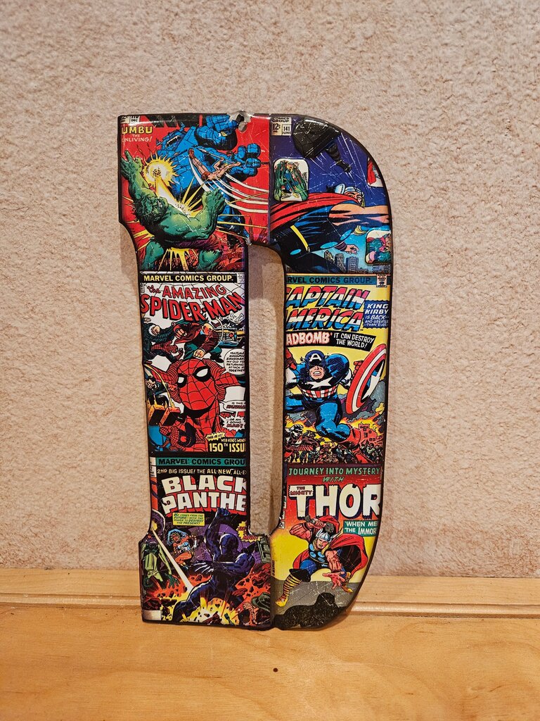 Vintage Metal Letter D Sign with Comic Book Art