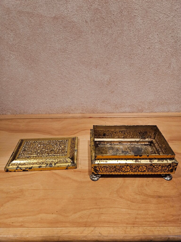 Vintage Fricke & Nacke Gold Floral Tin Box from Western Germany by Mavis