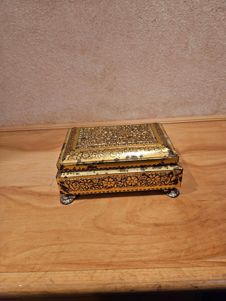 Vintage Fricke & Nacke Gold Floral Tin Box from Western Germany by Mavis