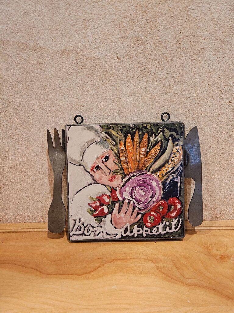 Nancy Thomas Folk Art 8" x 8" Wall Plaque Bon Appetit with metal fork and knife