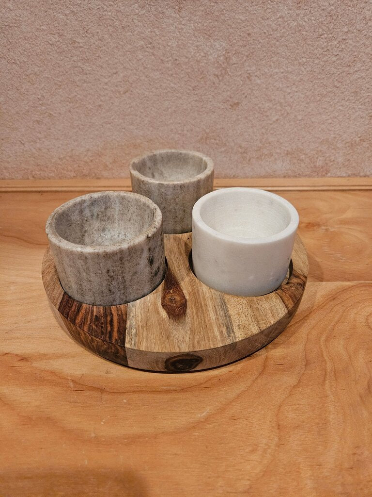 Artisanal Kitchen Supply Marble Condiment Bowls (3) with Round Wood Holder