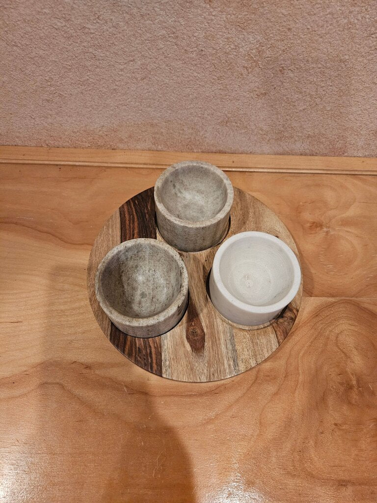 Artisanal Kitchen Supply Marble Condiment Bowls (3) with Round Wood Holder