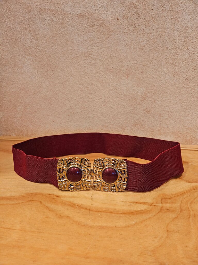 Retro Wide Elasticated Stretch Cinch Belt, Waist Enhancing Stretchy, Elastic, filigree faux gem Burgundy Red Waistband Corset Belt