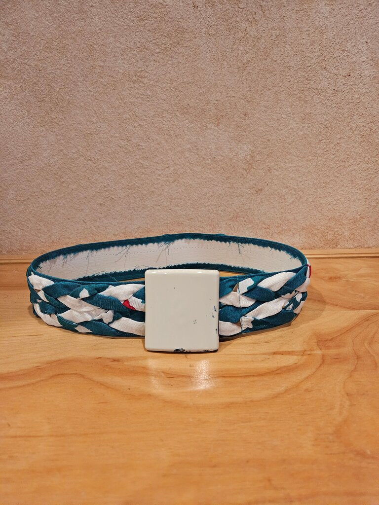 Vintage Braided Fabric Belt, Large Acrylic White Statement Buckle