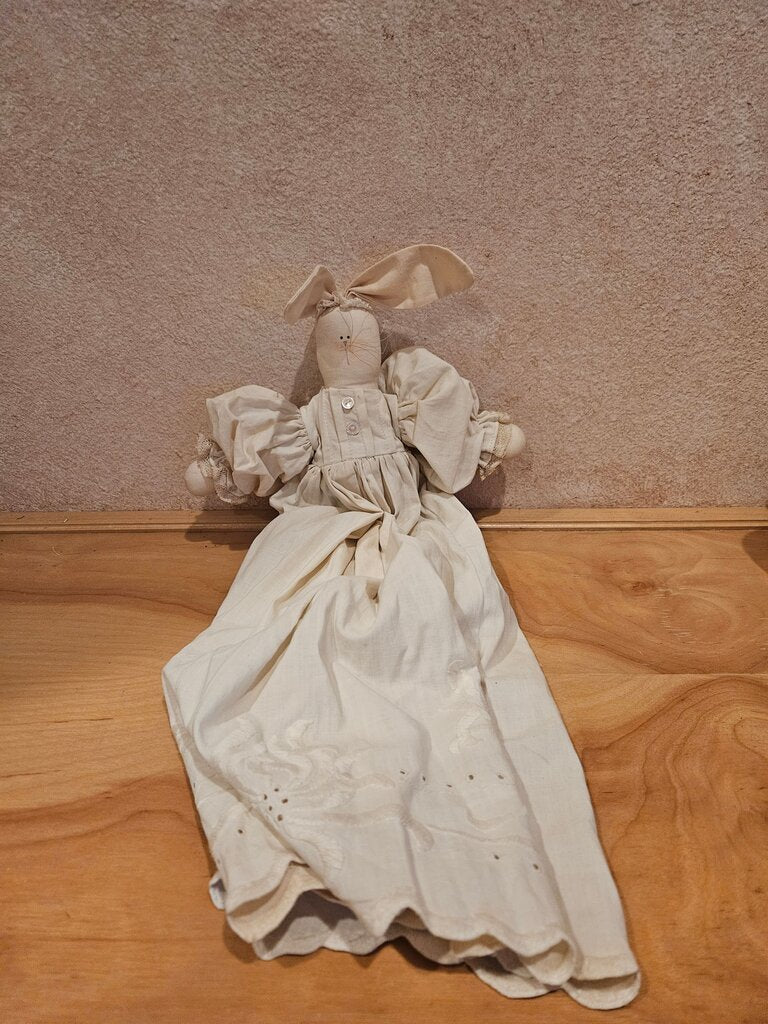 Handmade White Rabbit in Muslin Victorian Gown Vintage Bunny Rabbit Doll Easter Decoration or Every Season