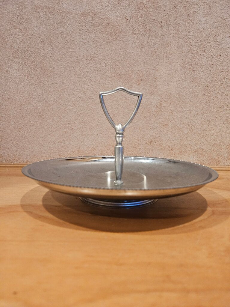 Chrome Tidbit Tray with Handle, Silver Lazy Susan Serving Platter, Mid Century Snack Tray
