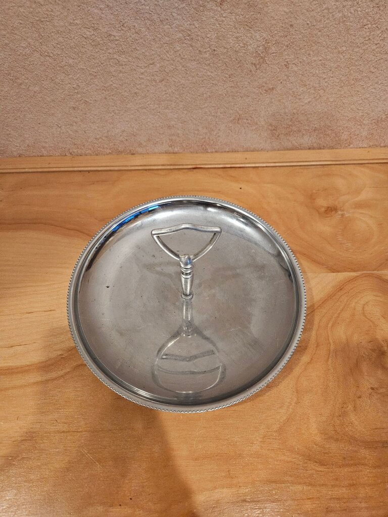 Chrome Tidbit Tray with Handle, Silver Lazy Susan Serving Platter, Mid Century Snack Tray