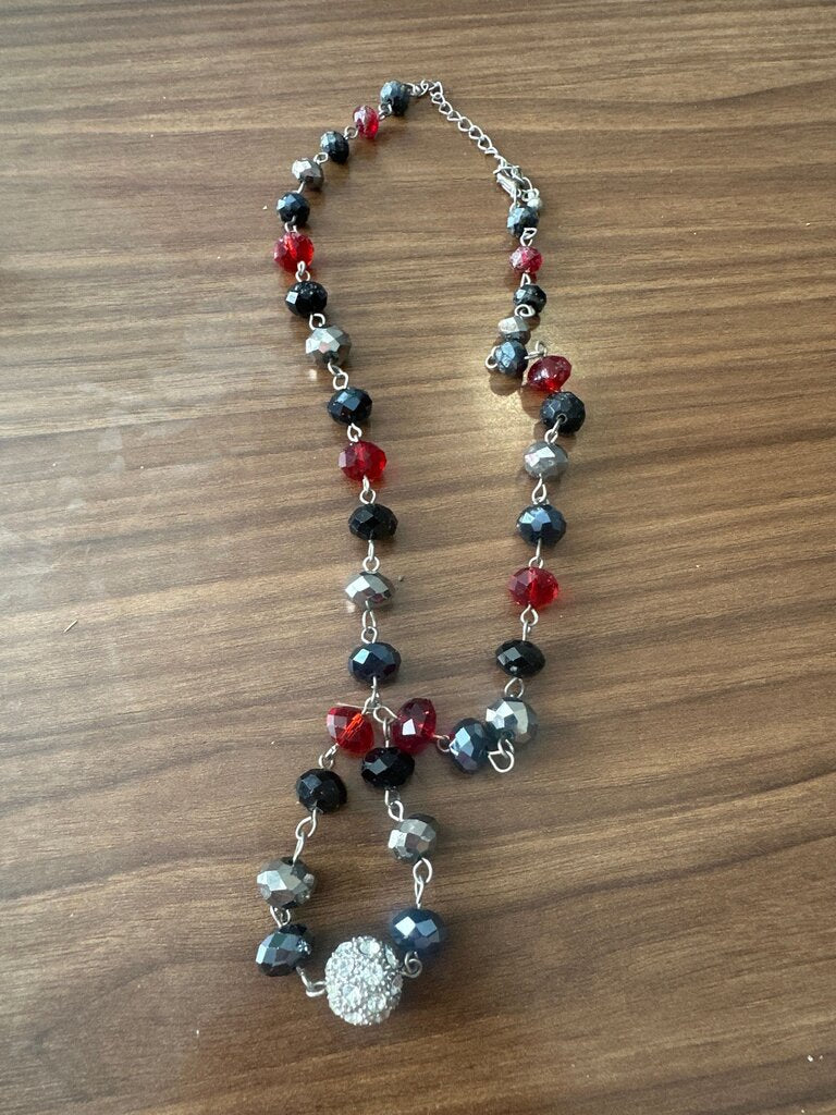 Beaded Necklace with Red, Black, and Silver Accents