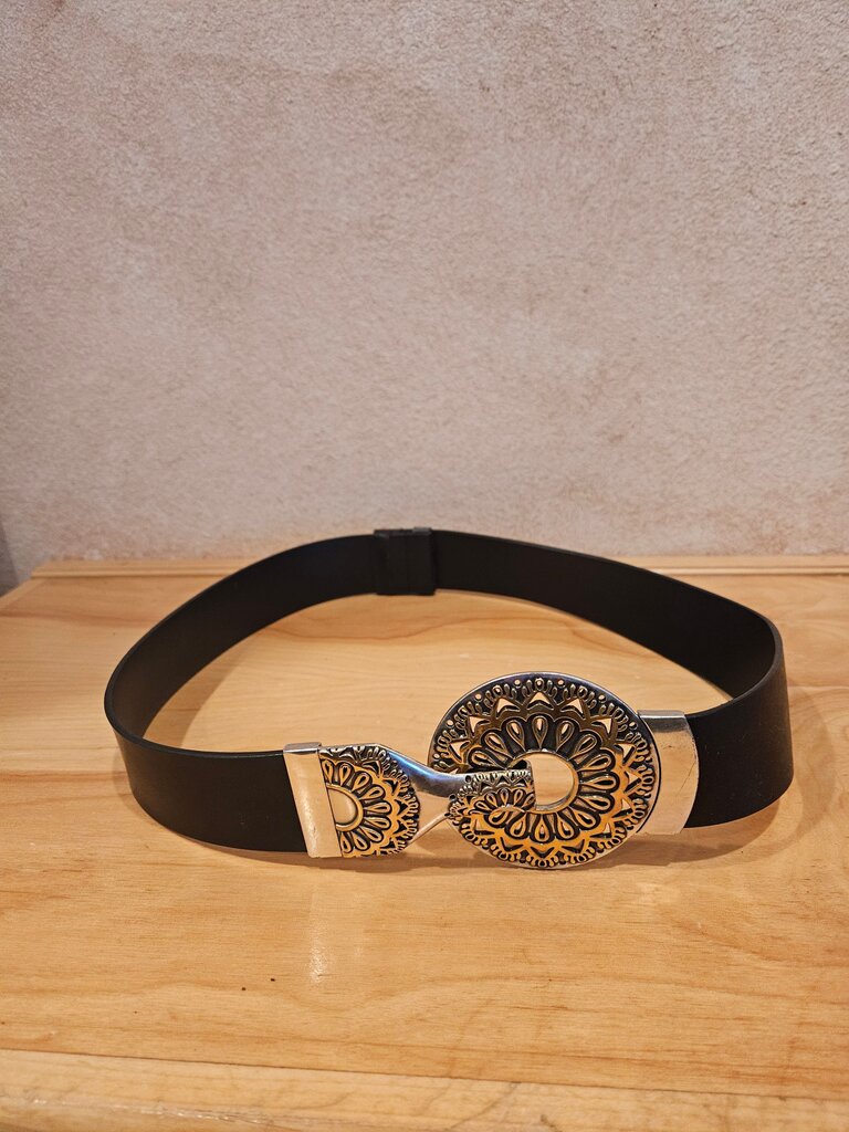 Chico's Belt Black Leather Gold & Silver Buckle Stylish Belt with Decorative mandala Buckle