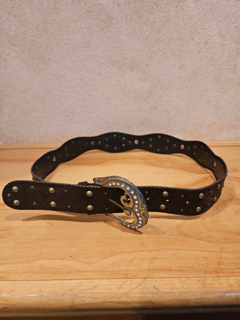 Women's Leather Studded Brown Belt with Decorative Buckle