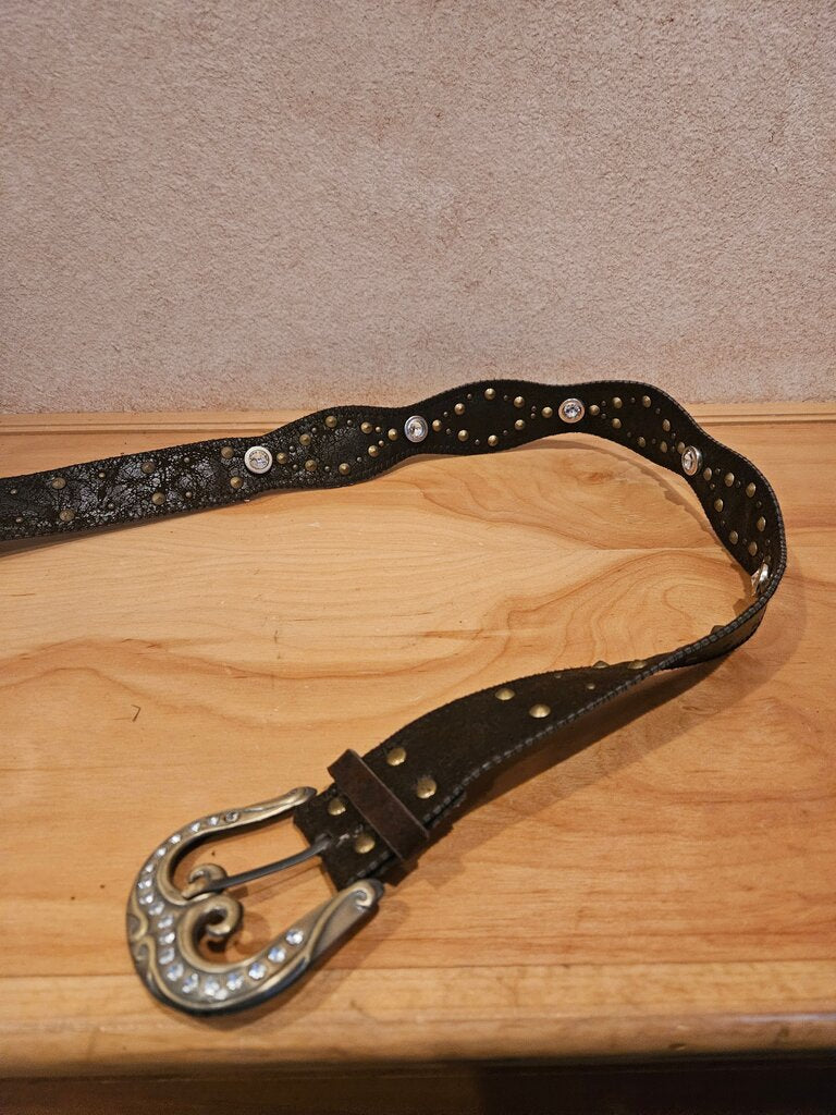 Women's Leather Studded Brown Belt with Decorative Buckle