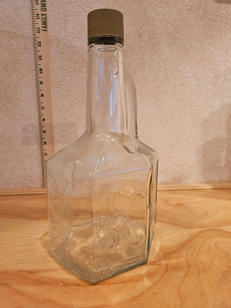 Old Liquor Bottle with Turkeys on sides with Handle and cap