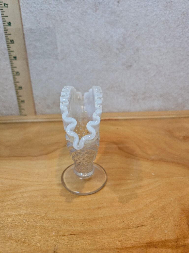 Fenton Opalescent Moonstone Hobnail Fan Glass Vase Fluted Edge
