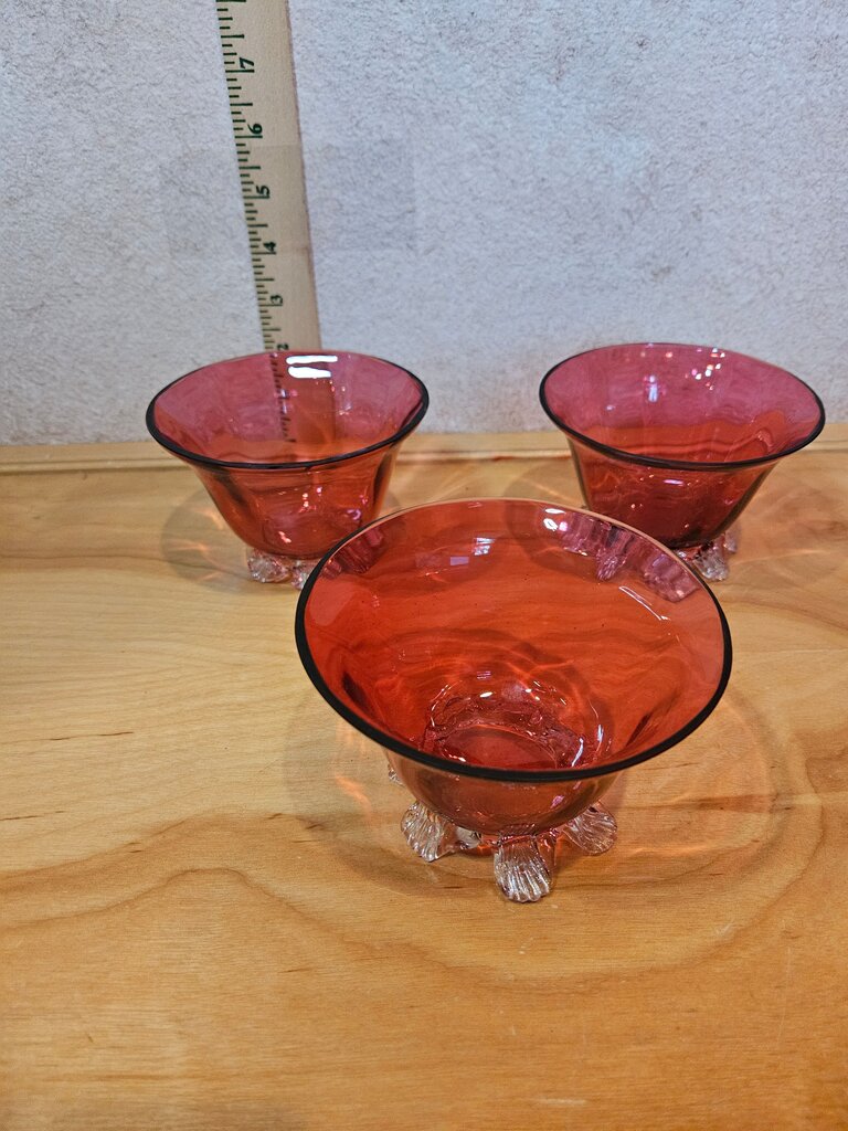 Set of Three Vintage Cranberry Glass Bowl with Pulled Foliate flower pedestal feet Base