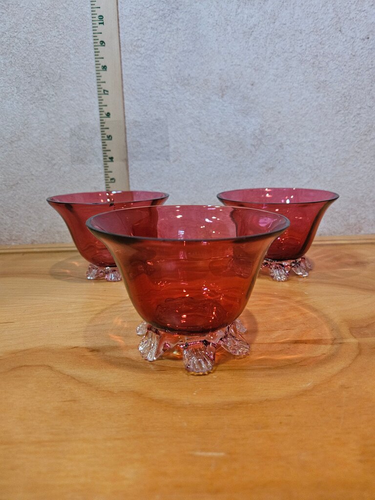 Set of Three Vintage Cranberry Glass Bowl with Pulled Foliate flower pedestal feet Base
