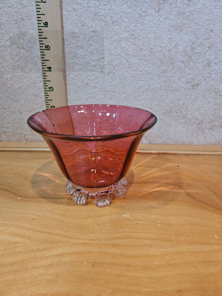 Vintage Cranberry Glass Bowl with Pulled Foliate flower pedestal feet Base
