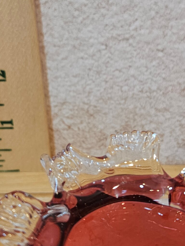 Vintage Cranberry Glass Bowl with Pulled Foliate flower pedestal feet Base