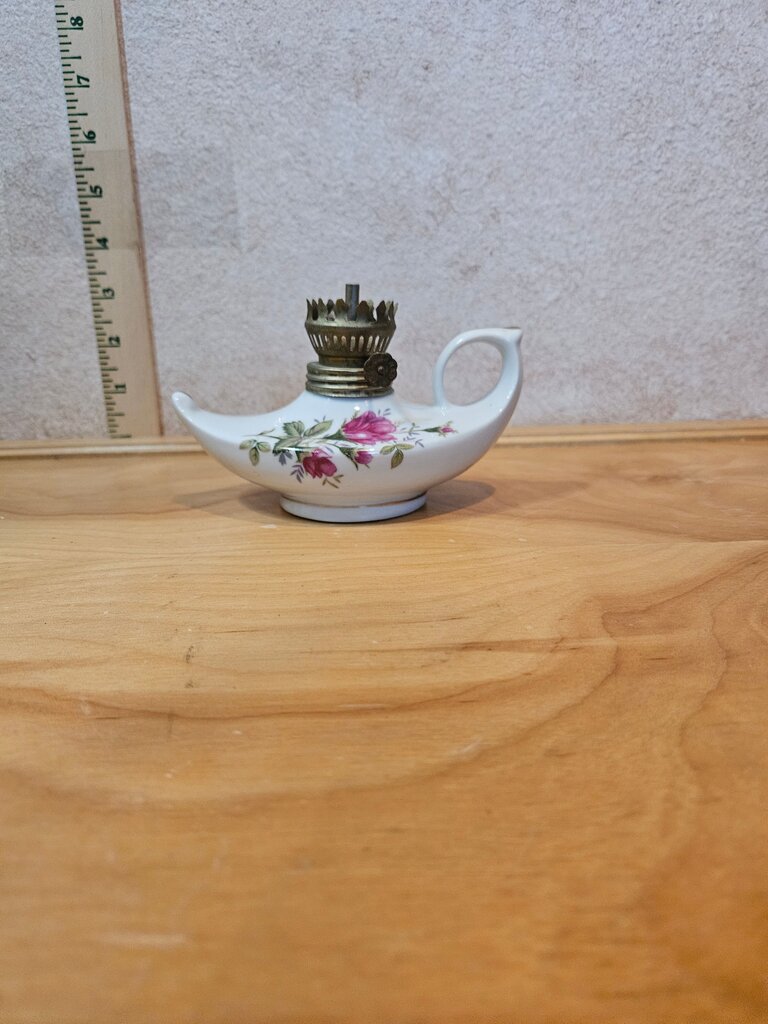 Vintage Ceramic Miniature Genie Finger Oil Lamp w Rose Pattern w/o Glass Chimney