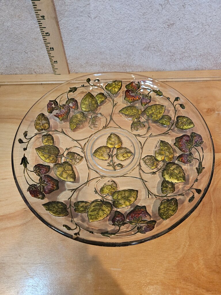 Vintage Goofus Style Strawberry Leaf Intaglio Etched Glass Plate Gilt Bohemian