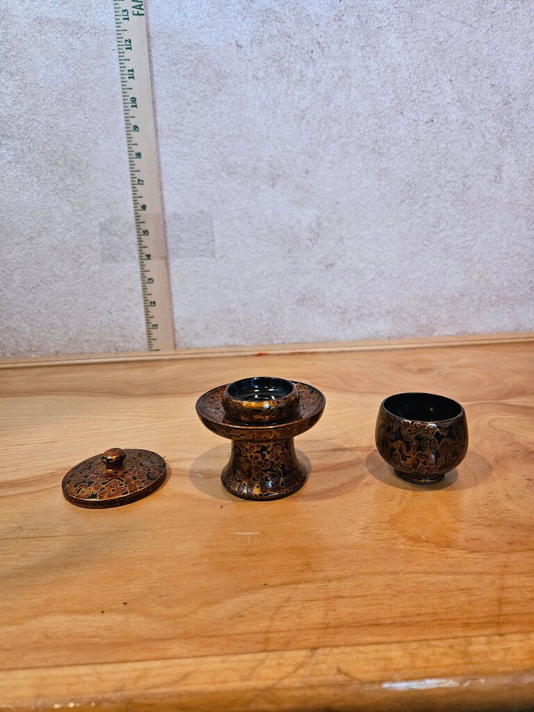 Vintage Lacquerware Offering Set Mini, Miniature Pedestal & Covered Bowl Black & Gold Lacquer