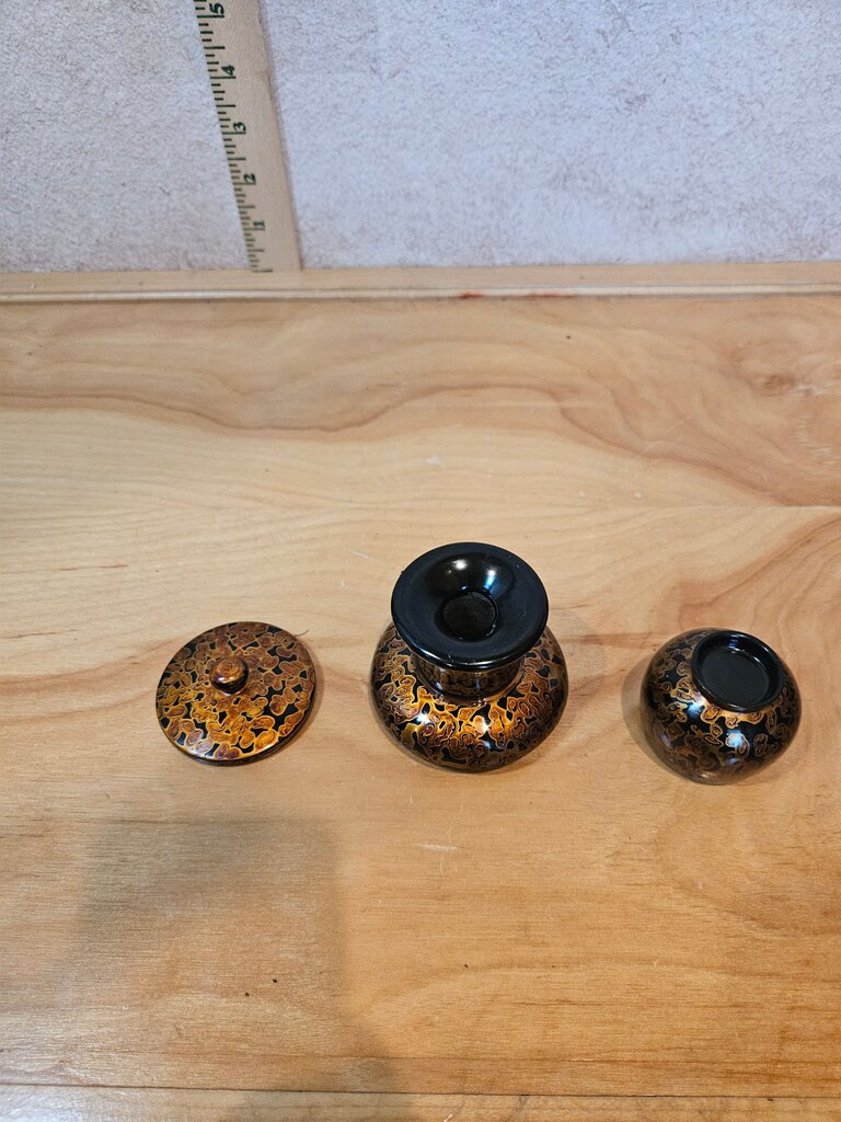 Vintage Lacquerware Offering Set Mini, Miniature Pedestal & Covered Bowl Black & Gold Lacquer